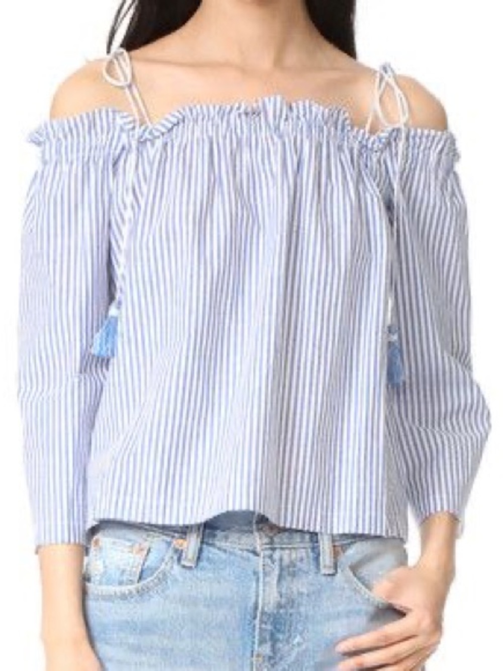 Club Monaco Womens Off Shoulder Blouse XS Boho Striped Blue White Tassel Tie